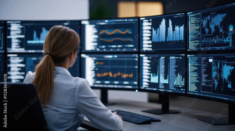 Data analysis in action business insights from multiple monitors in a modern office environment Data analysis in action business insights from multiple monitors in a modern office environment