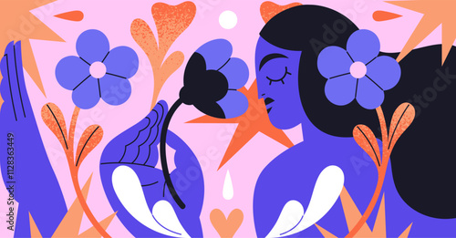 Matisse art with tender woman smelling flower of sensuality. Female silhouette among colourful leaf shapes holds plant in hand. Floral forms, figures on contemporary artwork. Flat vector illustration