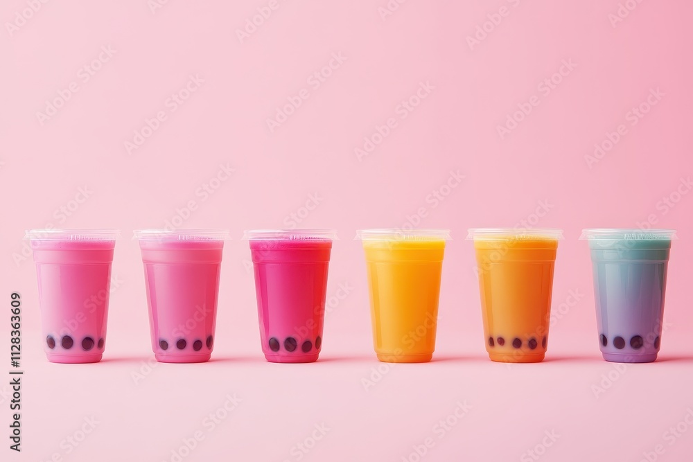 Fototapeta premium Five colorful bubble tea cups on pink. Perfect for menus, blogs, or beverage promotions.
