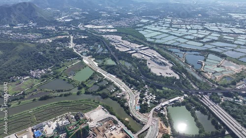 Aerial skyview of Lok Ma Chau Loop showcasing the Hong Kong-Shenzhen Innovation and Technology Park redevelopment near Huanggang Port and the Greater Bay Area economic growth  photo