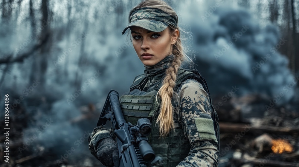 Soldier in tactical gear amid smoky forest backdrop Soldier in tactical gear amid smoky forest backdrop
