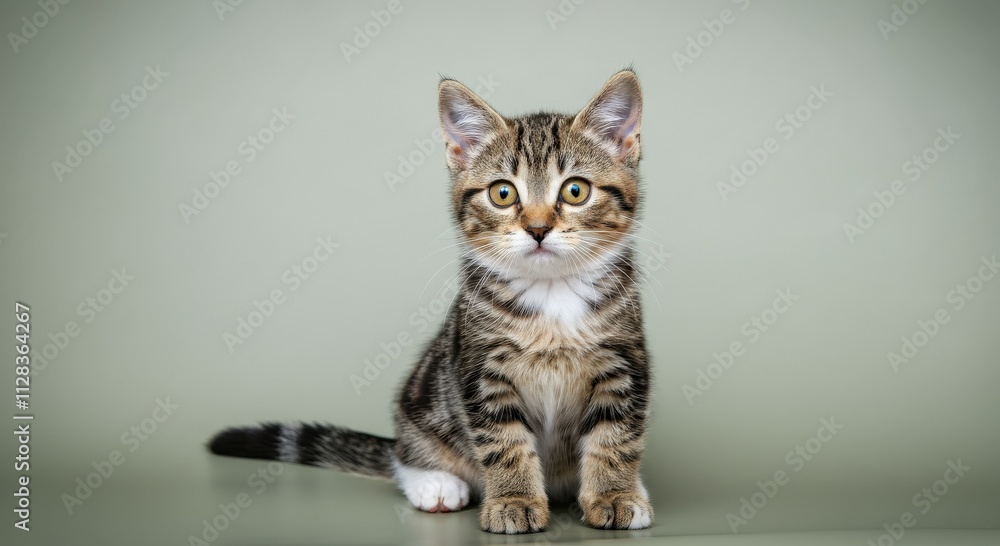 Adorable tabby kitten sitting against a soft green background Adorable tabby kitten sitting against a soft green background