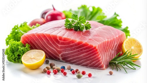 Fresh raw tuna loin displayed on a white background in a grocery setting, ready for purchase.