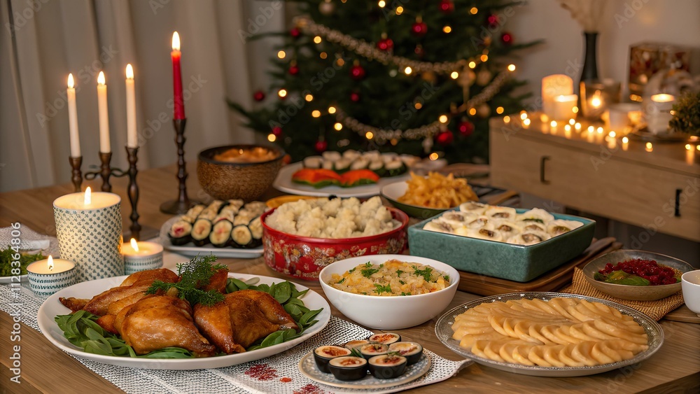 A festive new year table setting with a delicious gourmet meal, featuring a Christmas cake adorned with candles, perfect for a celebratory dinner or banquet A festive new year table setting with a delicious gourmet meal, featuring a Christmas cake adorned with candles, perfect for a celebratory dinner or banquet