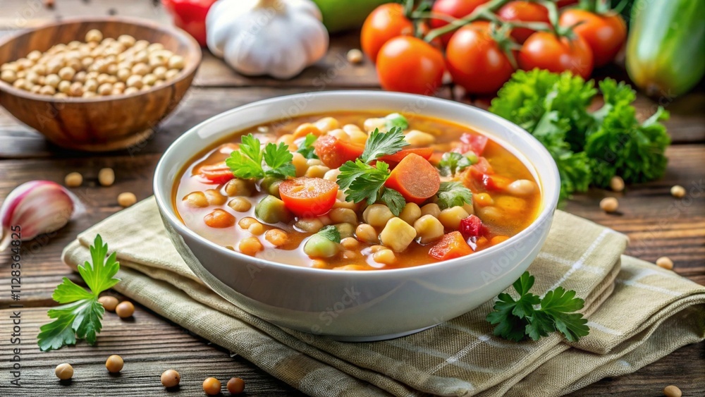 Fresh vegetable soup with chickpeas and lentils served in a white bowl on a wooden table. Fresh vegetable soup with chickpeas and lentils served in a white bowl on a wooden table.