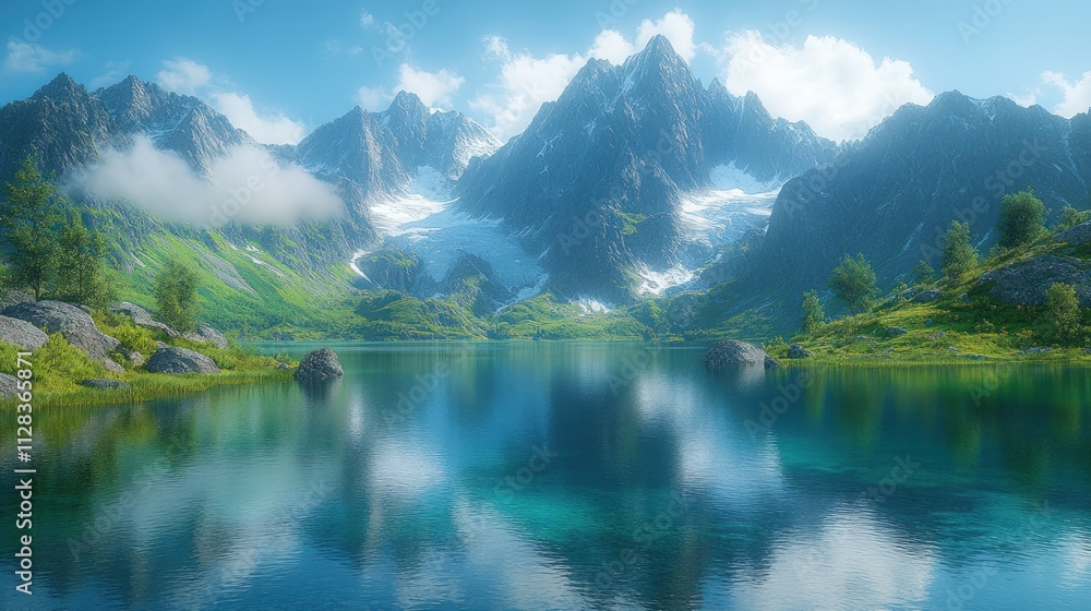 Serene mountain lake reflecting snow-capped peaks under a bright sky. Serene mountain lake reflecting snow-capped peaks under a bright sky.