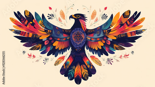 Vibrant eagle totem illustration with intricate feather patterns and colorful details on a light background, copy space photo