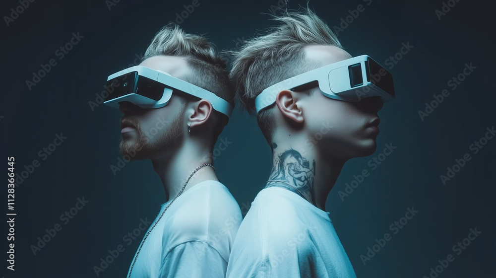 Young Men Exploring Digital Frontiers With Augmented Reality Glasses in a Futuristic Setting