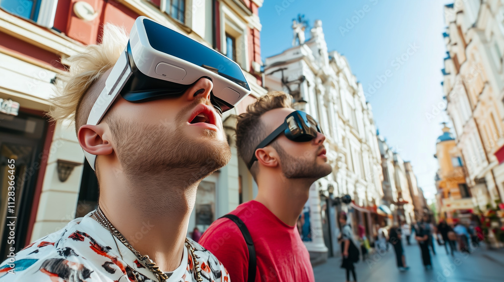 Colorful Portrait of Two Young Men Immersed in Augmented Reality While Exploring a Vibrant City