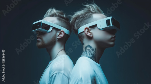Obraz na płótnie Young Men Exploring Digital Frontiers With Augmented Reality Glasses in a Futuristic Setting w salonie