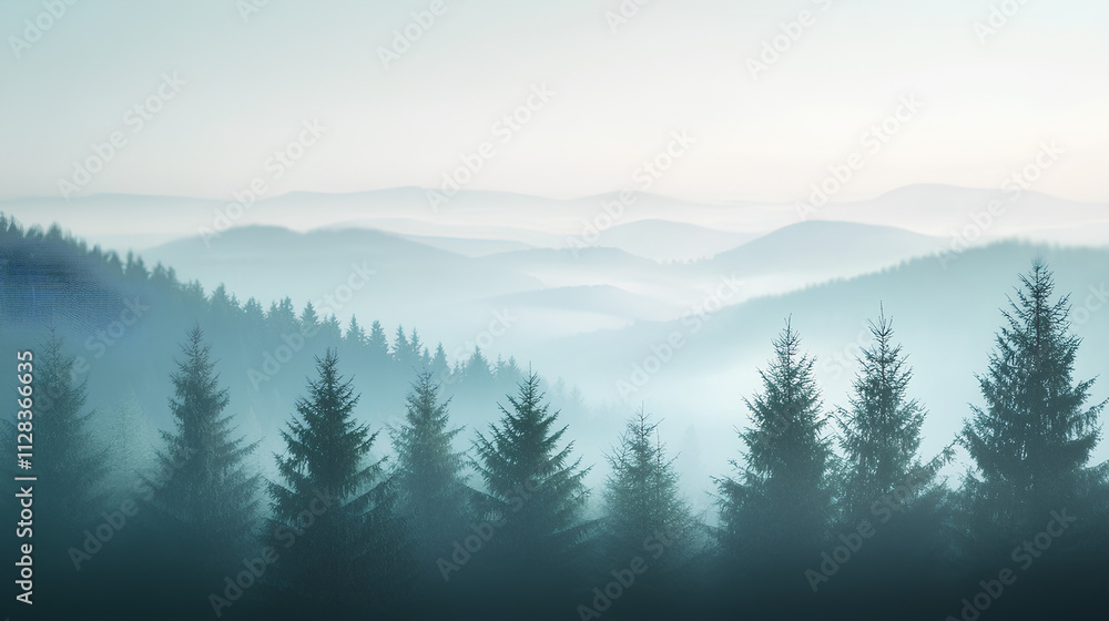 Foggy Mountain Landscape with Pine Trees at Sunrise Foggy Mountain Landscape with Pine Trees at Sunrise
