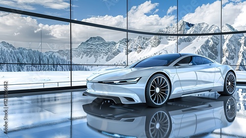 Luxury Eco-Futurism - Sleek White and Gray Electric Car with Minimalist Interior, Parked by Large Windows Overlooking Snowy Mountain View photo