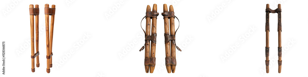 Crutches made of wood and leather isolated on transparent background, Set of Crutches made of wood and leather isolated on transparent background, Set of