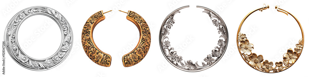 Delicate floral engraved hoops isolated on transparent background, Set of Delicate floral engraved hoops isolated on transparent background, Set of