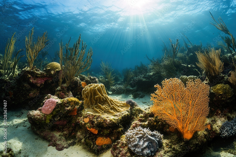 Naklejka premium Vibrant underwater scene with coral and marine life.