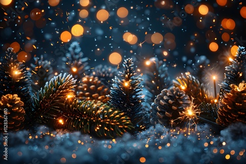 Wallpaper Mural Festive Holiday Pinecones and Evergreen Branches with Sparkling Lights for Christmas Decoration Torontodigital.ca