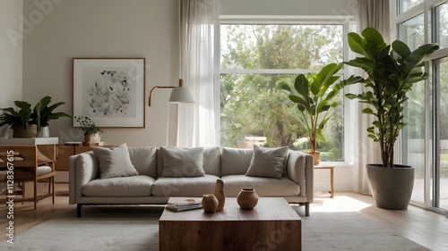 Modern Living Room with Large Windows and Indoor Plants