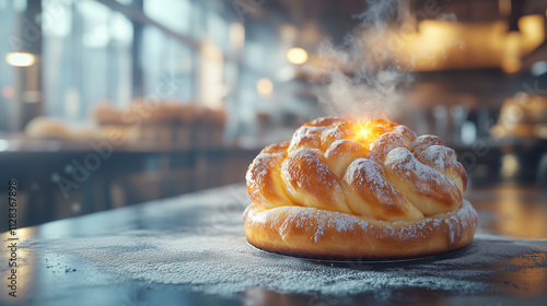 Freshly baked braided bread sits on a wooden table in a warm bakery filled with cozy light and inviting aromas. Generative AI photo