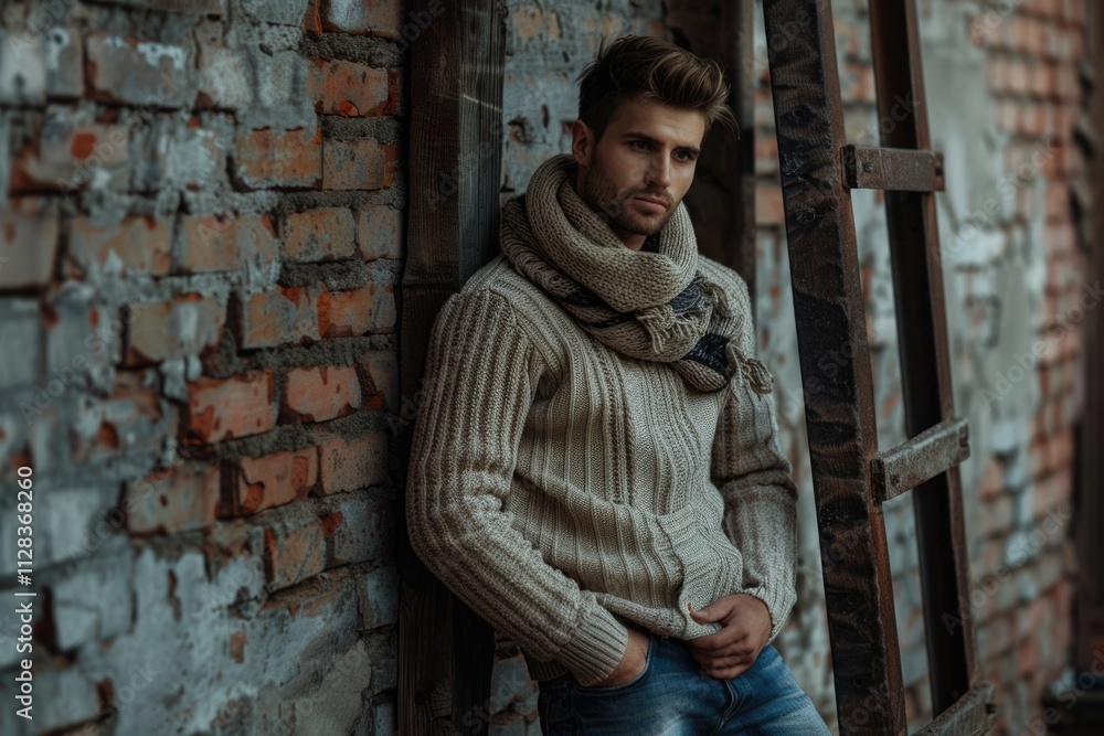 Stylish man in sweater jeans scarf near brick wall. Stylish man in sweater jeans scarf near brick wall.