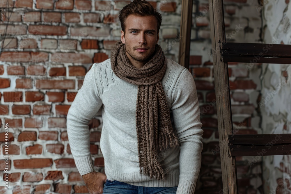 Obraz premium Stylish man in sweater jeans scarf near brick wall.