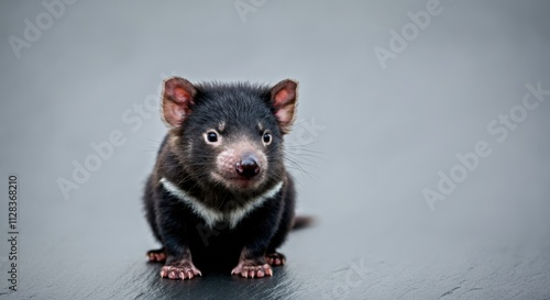 Close-up of young tasmanian devil on gray background for nature and wildlife enthusiasts photo