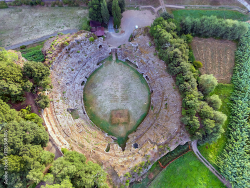 Aerial view of the Roman Amphitheater of Sutri, the history of an ancient landscape and a country.