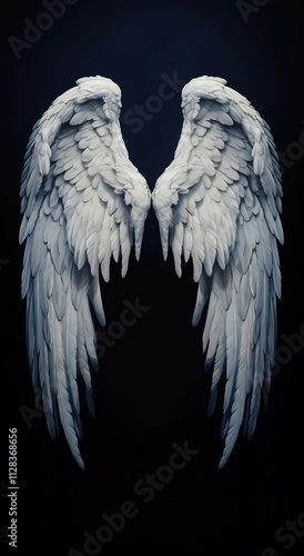 detailed white angel wings on dark background