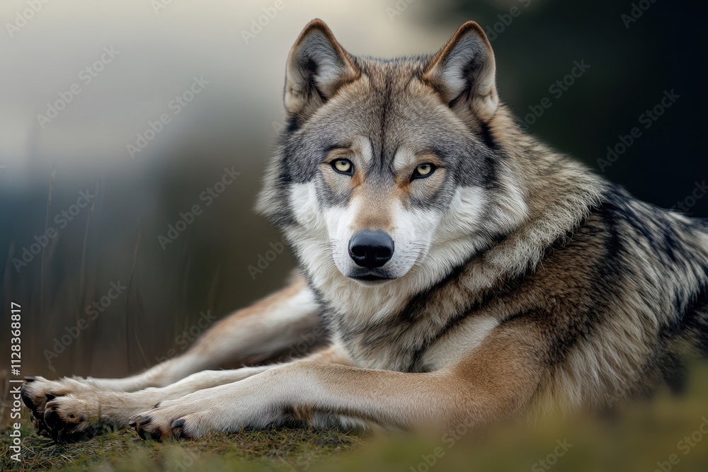 Fototapeta premium Majestic wolf resting in a serene natural setting during early morning light