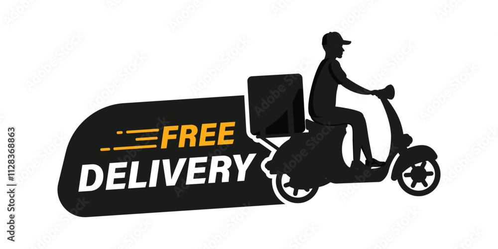 Free delivery. Banner with courier on a scooter delivers a package. Free shipping order. Fast delivery badge for advertisement. Express delivery with man on scooter. Vector illustration Free delivery. Banner with courier on a scooter delivers a package. Free shipping order. Fast delivery badge for advertisement. Express delivery with man on scooter. Vector illustration