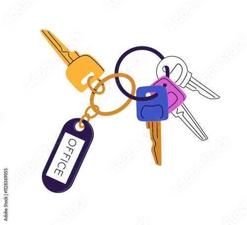 Keychain, fob, bunch with Office on tag. Different steel keys, trinket hanging on keyring. Keyfob, keyholder with label to lock house, doors. Flat isolated vector illustration on white background