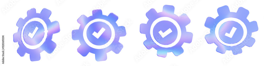 Set of 4 3d glass tick mark in a gear shape with aberration effect isolated on a transparent background. Blue tone. 3d transparent elements for graphic design. Set of 4 3d glass tick mark in a gear shape with aberration effect isolated on a transparent background. Blue tone. 3d transparent elements for graphic design.