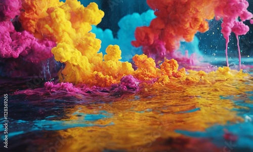 Colorful, Dynamic Cloud-like Formations Rising from Water Surfaces with Vivid and Ethereal Liquid Displays. photo