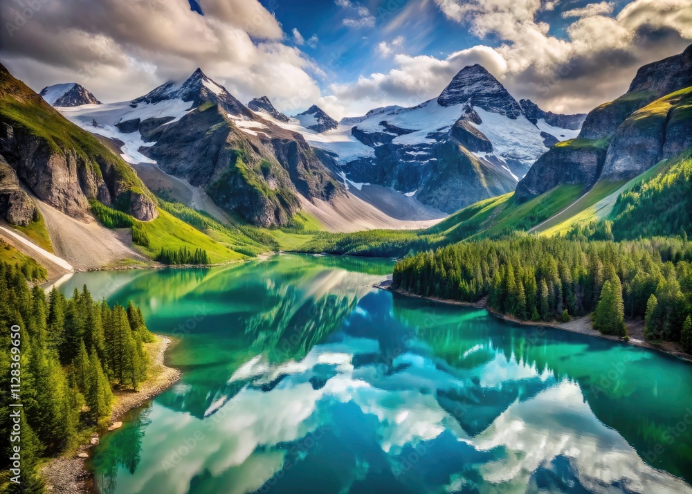 Stunning Aerial View of a Glacier Lake Surrounded by Majestic Mountains and Lush Forests, Capturing Nature's Beauty in a Serene Landscape Stunning Aerial View of a Glacier Lake Surrounded by Majestic Mountains and Lush Forests, Capturing Nature's Beauty in a Serene Landscape