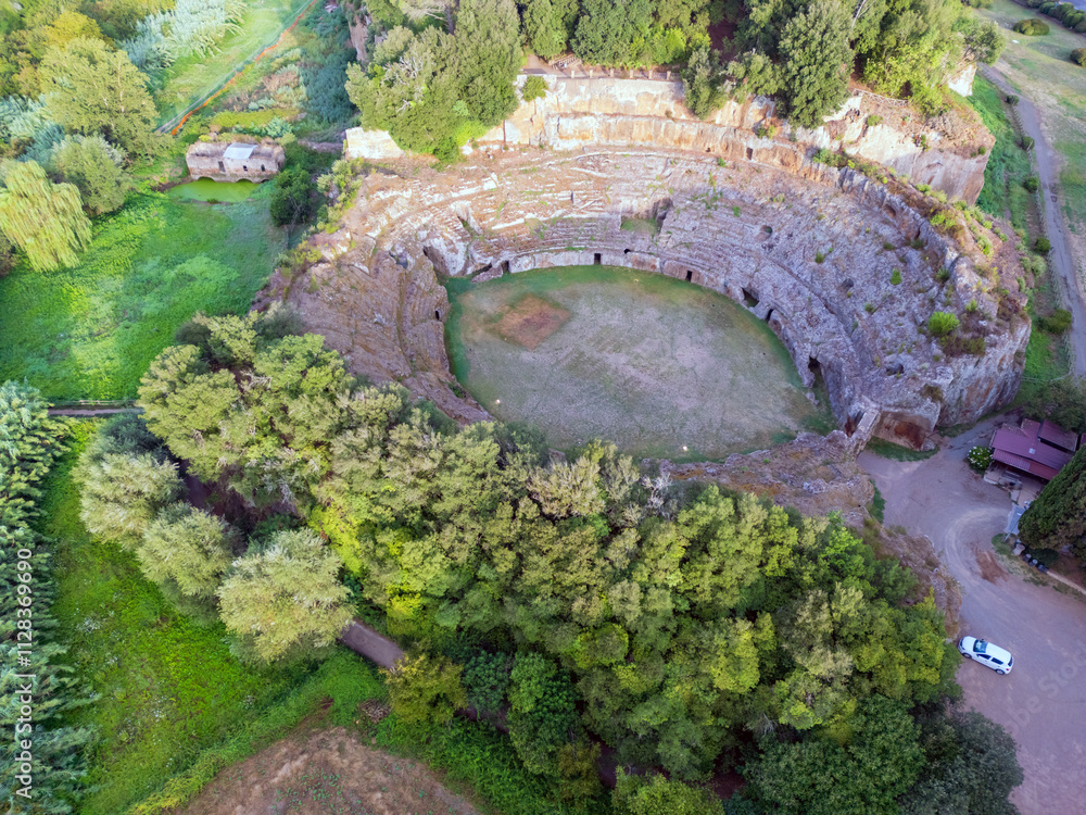 Aerial view of the Roman Amphitheater of Sutri, the history of an ancient landscape and a country.