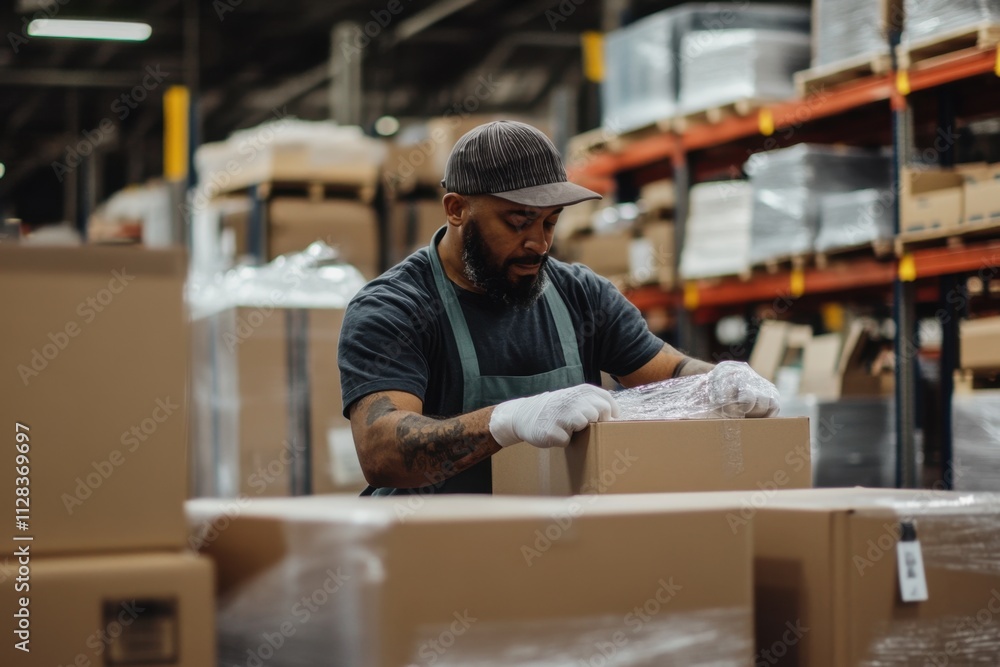 Warehouse worker packing boxes for shipping industrial setting action-packed content organized environment close-up viewpoint efficient packing process in motion Warehouse worker packing boxes for shipping industrial setting action-packed content organized environment close-up viewpoint efficient packing process in motion