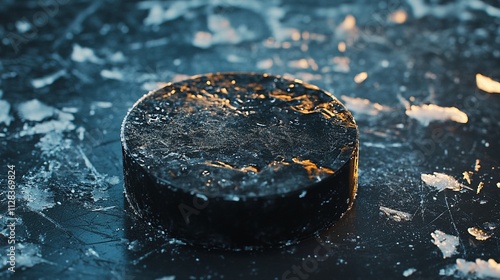 Golden Glow of Ice on a Dark Canvas: A Hockey Puck's Majesty Amidst Broken Pieces photo