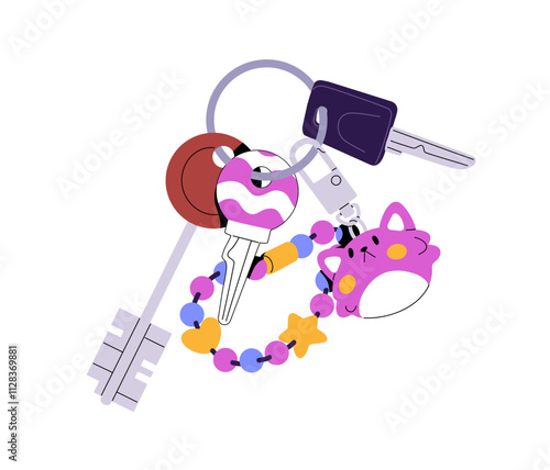 Steel keys with different sizes and shapes hanging on keyring with cute trinket. Home keychain, office keyholder, bunch. Keyfob to lock and unlock house. Flat isolated vector illustration on white