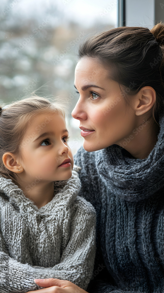 Mother and Daughter Share a Tender Moment, Gazing into Each Other's Eyes by Window, Wearing Warm Knit Sweaters. A symbol of love and connection. Mother and Daughter Share a Tender Moment, Gazing into Each Other's Eyes by Window, Wearing Warm Knit Sweaters. A symbol of love and connection.