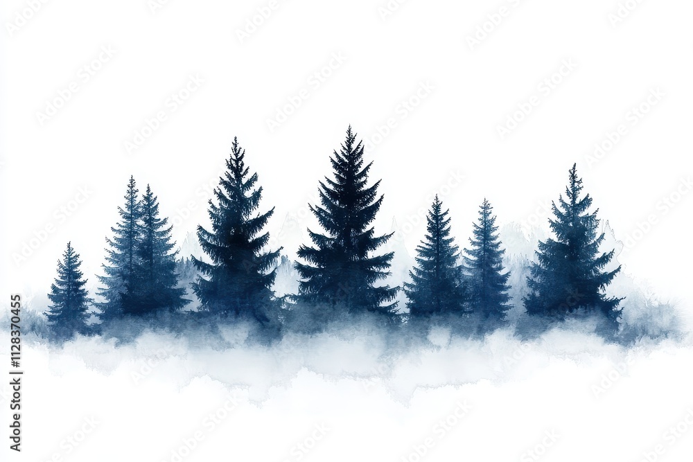 Watercolor painting of pine trees in a misty forest. Ideal for nature, winter, or serenity themed projects. Watercolor painting of pine trees in a misty forest. Ideal for nature, winter, or serenity themed projects.