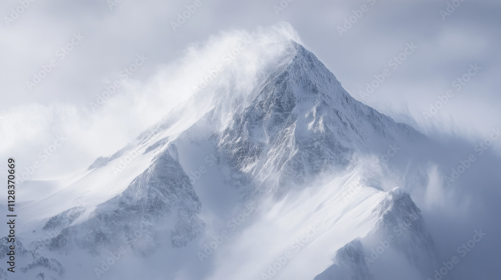 Cold mountain peak, surrounded by swirling snow and icy winds, evoking a sense of adventure Cold mountain peak, surrounded by swirling snow and icy winds, evoking a sense of adventure