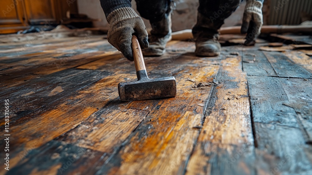 Hammering through renovation: a close-up view of wood flooring repair. Hammering through renovation: a close-up view of wood flooring repair.