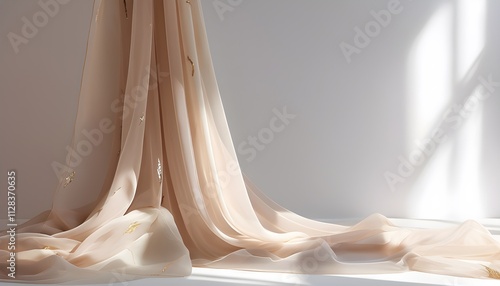 Elegant Mocha Mousse Background with Soft Beige Sheer Fabric, Metallic Gold Details, and Natural Light