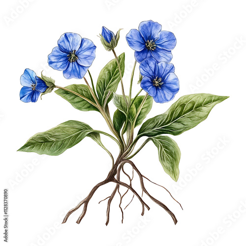 Vibrant Blue Alkanet Flowers and Root isolated on transparent background