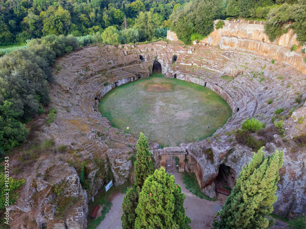 Aerial view of the Roman Amphitheater of Sutri, the history of an ancient landscape and a country.