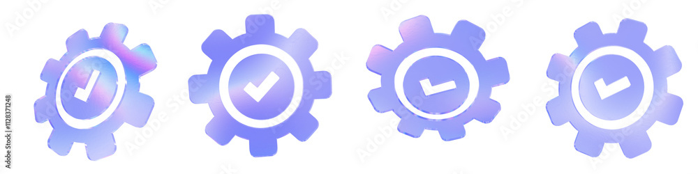 Set of 4 3d glass tick mark in a gear shape with aberration effect isolated on a transparent background. Blue tone. 3d transparent elements for graphic design. Set of 4 3d glass tick mark in a gear shape with aberration effect isolated on a transparent background. Blue tone. 3d transparent elements for graphic design.