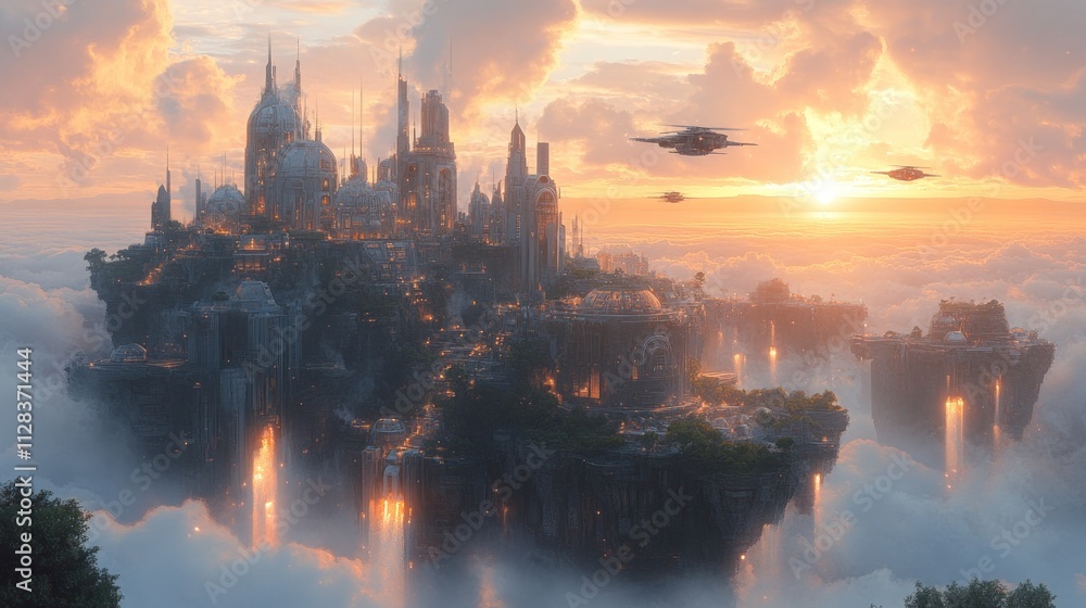 Fototapeta premium Sunset over a majestic, futuristic city floating among clouds, with flying vehicles.