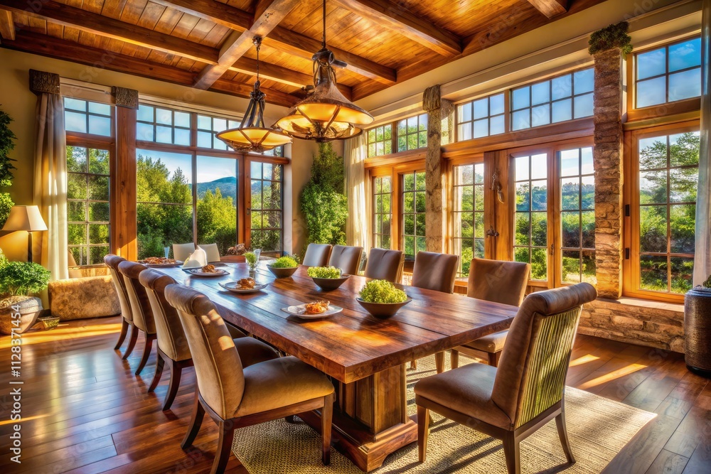 Sunlit Dining Room: Large Wooden Table, Dinner Party, Interior Design, Architectural Photography Sunlit Dining Room: Large Wooden Table, Dinner Party, Interior Design, Architectural Photography