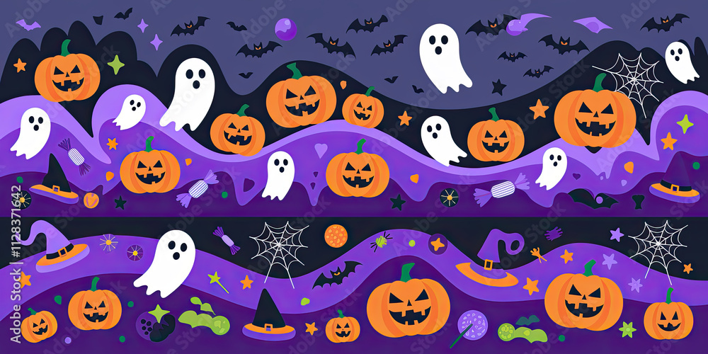Spooky Halloween Seamless Pattern Pumpkins Ghosts Bats Candy Witches Hats Spooky Halloween Seamless Pattern Pumpkins Ghosts Bats Candy Witches Hats