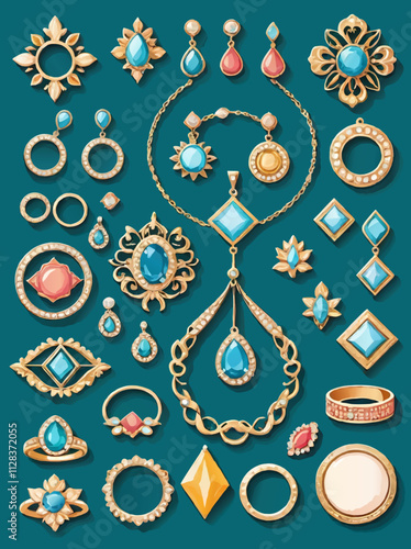 set of vintage jewelry necklaces rings and earring vector illustration