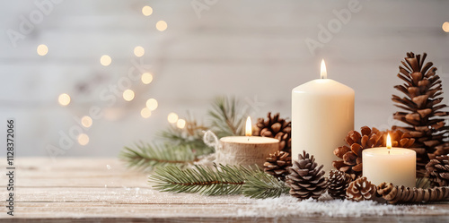 Rustic Christmas Decor: White Candle on Wooden Boards with Natural Twigs photo